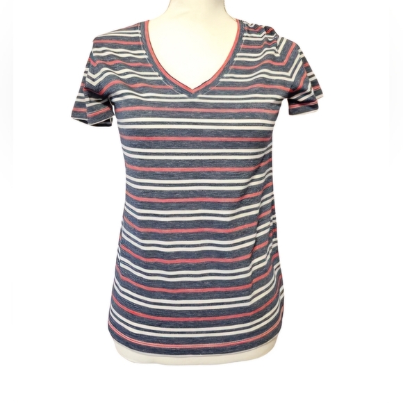 Lucky Brand Red and Navy Striped V-Neck Short Sleeve T-Shirt Women's Size XS - Picture 1 of 8